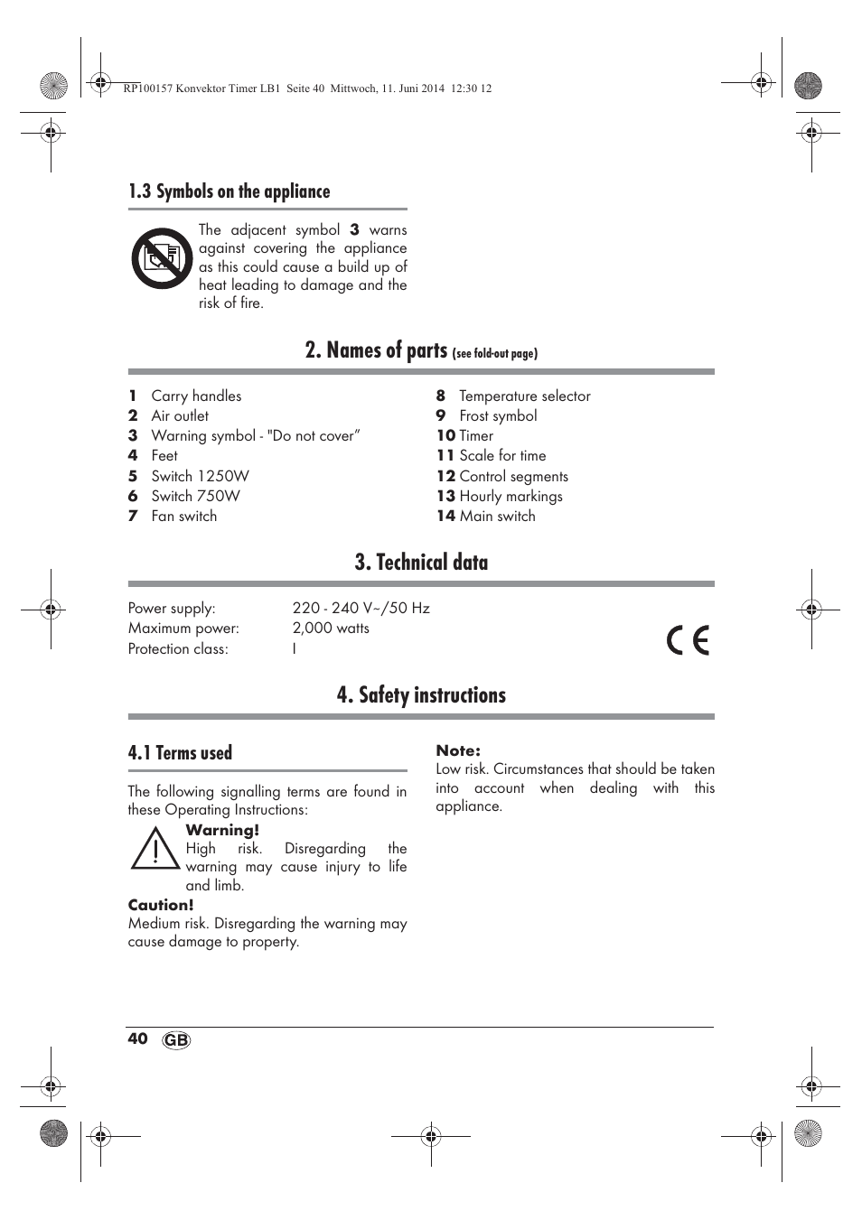 Names of parts, Technical data, Safety instructions | 3 symbols on the appliance, 1 terms used | Silvercrest SKT 2000 B1 User Manual | Page 42 / 54