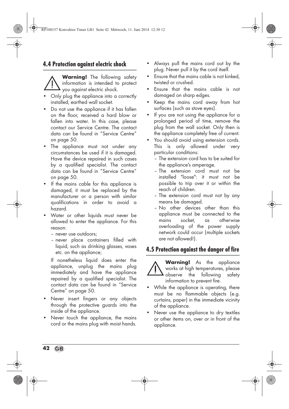 4 protection against electric shock, 5 protection against the danger of fire | Silvercrest SKT 2000 B1 User Manual | Page 44 / 54