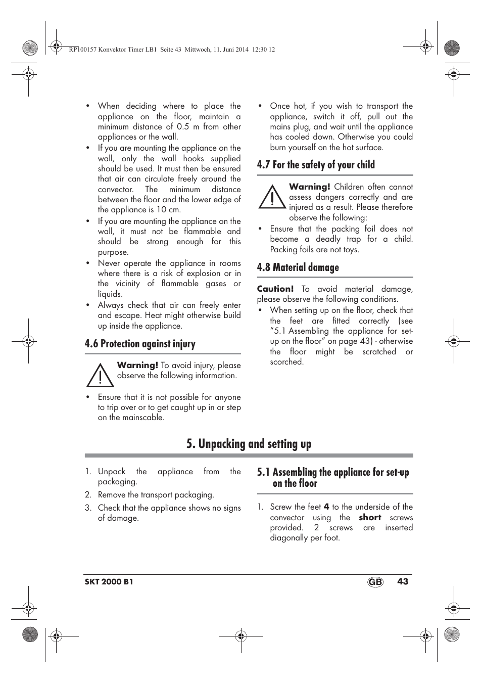 Unpacking and setting up, 6 protection against injury, 7 for the safety of your child | 8 material damage, 1 assembling the appliance for set-up on the floor | Silvercrest SKT 2000 B1 User Manual | Page 45 / 54