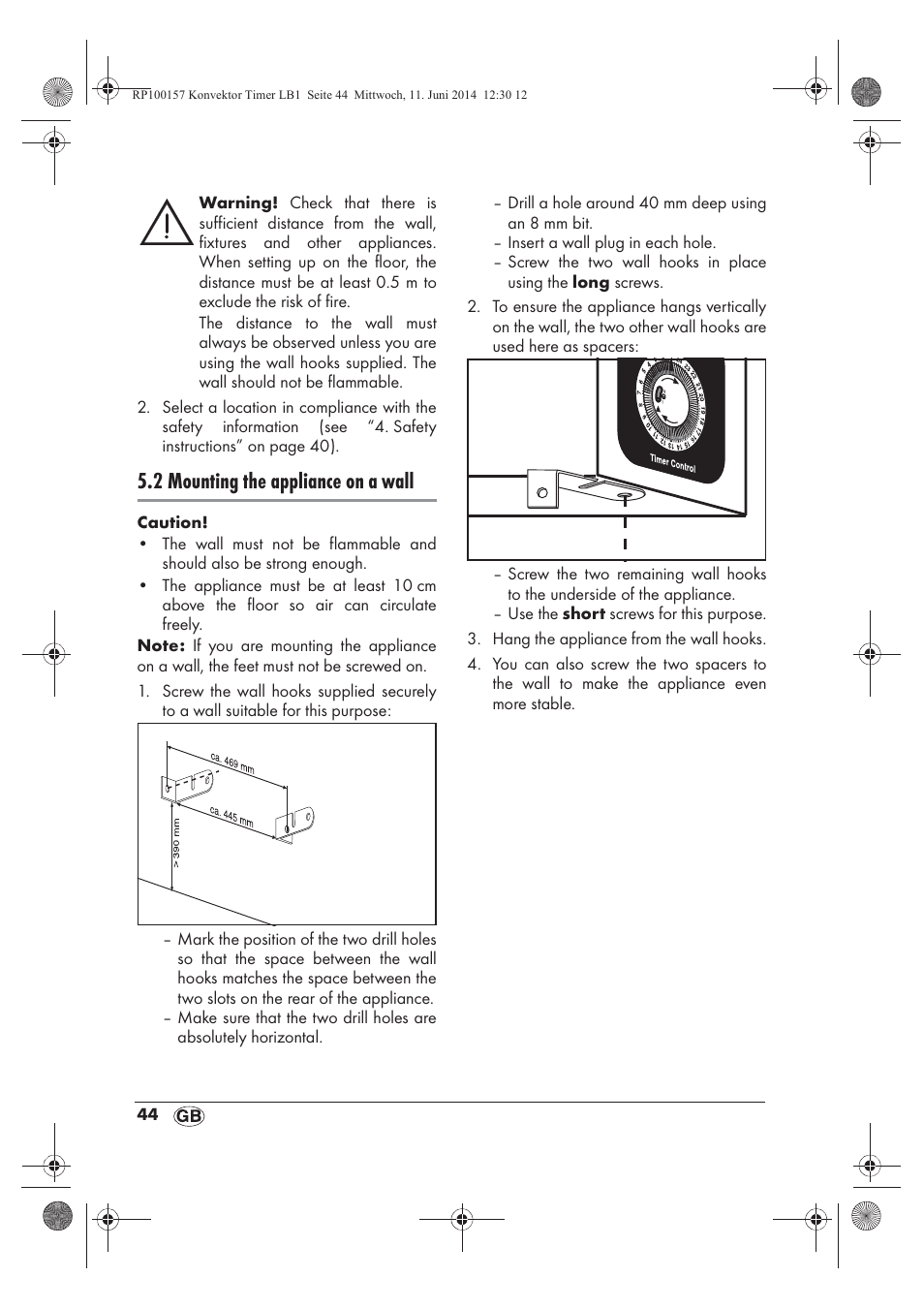 2 mounting the appliance on a wall | Silvercrest SKT 2000 B1 User Manual | Page 46 / 54