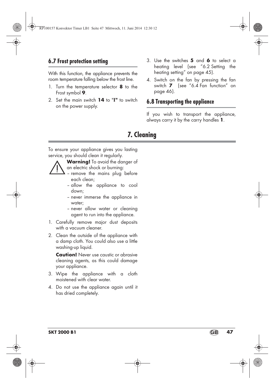 Cleaning, 7 frost protection setting, 8 transporting the appliance | Silvercrest SKT 2000 B1 User Manual | Page 49 / 54