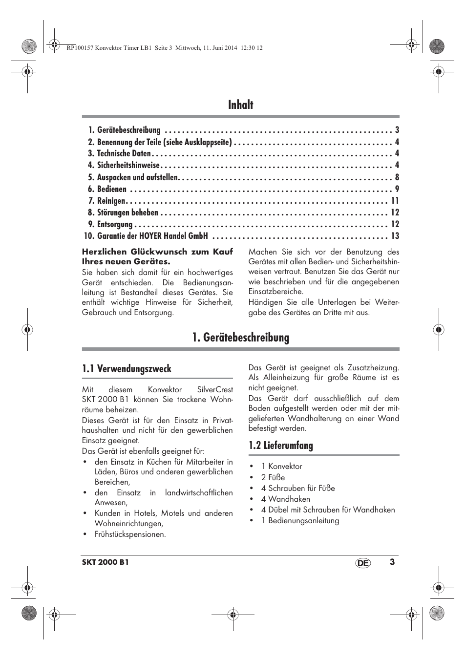 Inhalt, Gerätebeschreibung, 1 verwendungszweck | 2 lieferumfang | Silvercrest SKT 2000 B1 User Manual | Page 5 / 54