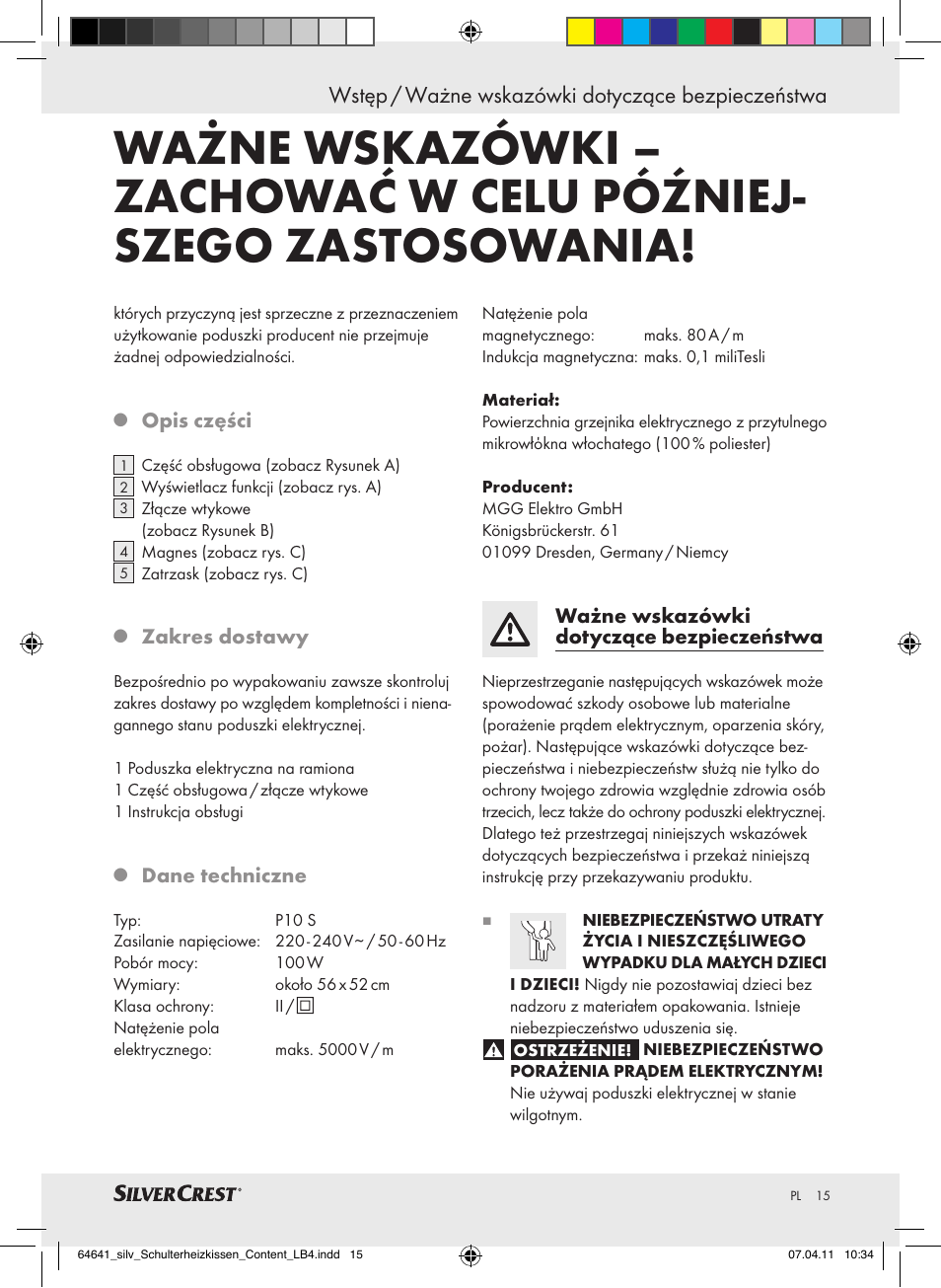 Wstęp / ważne wskazówki dotyczące bezpieczeństwa | Silvercrest Neck & Shoulder Heating Pad User Manual | Page 11 / 56