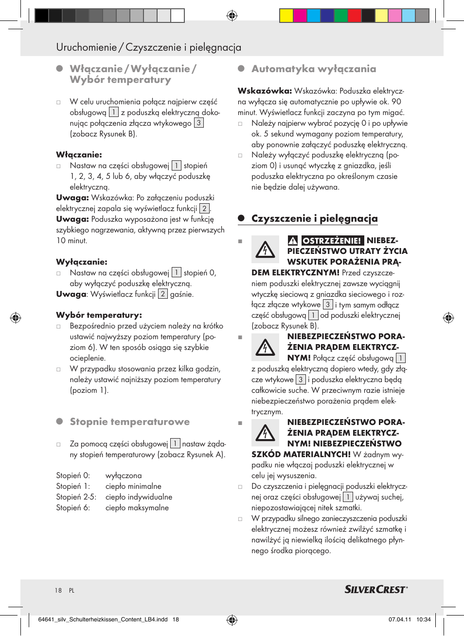 Uruchomienie / czyszczenie i pielęgnacja, Włączanie / wyłączanie / wybór temperatury, Stopnie temperaturowe | Automatyka wyłączania, Czyszczenie i pielęgnacja | Silvercrest Neck & Shoulder Heating Pad User Manual | Page 14 / 56