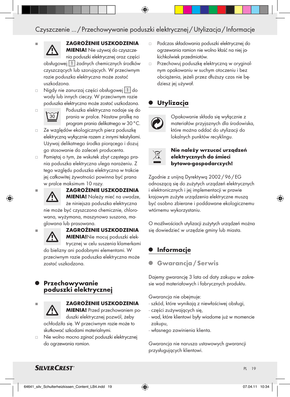 Przechowywanie poduszki elektrycznej, Utylizacja, Informacje | Gwarancja / serwis | Silvercrest Neck & Shoulder Heating Pad User Manual | Page 15 / 56