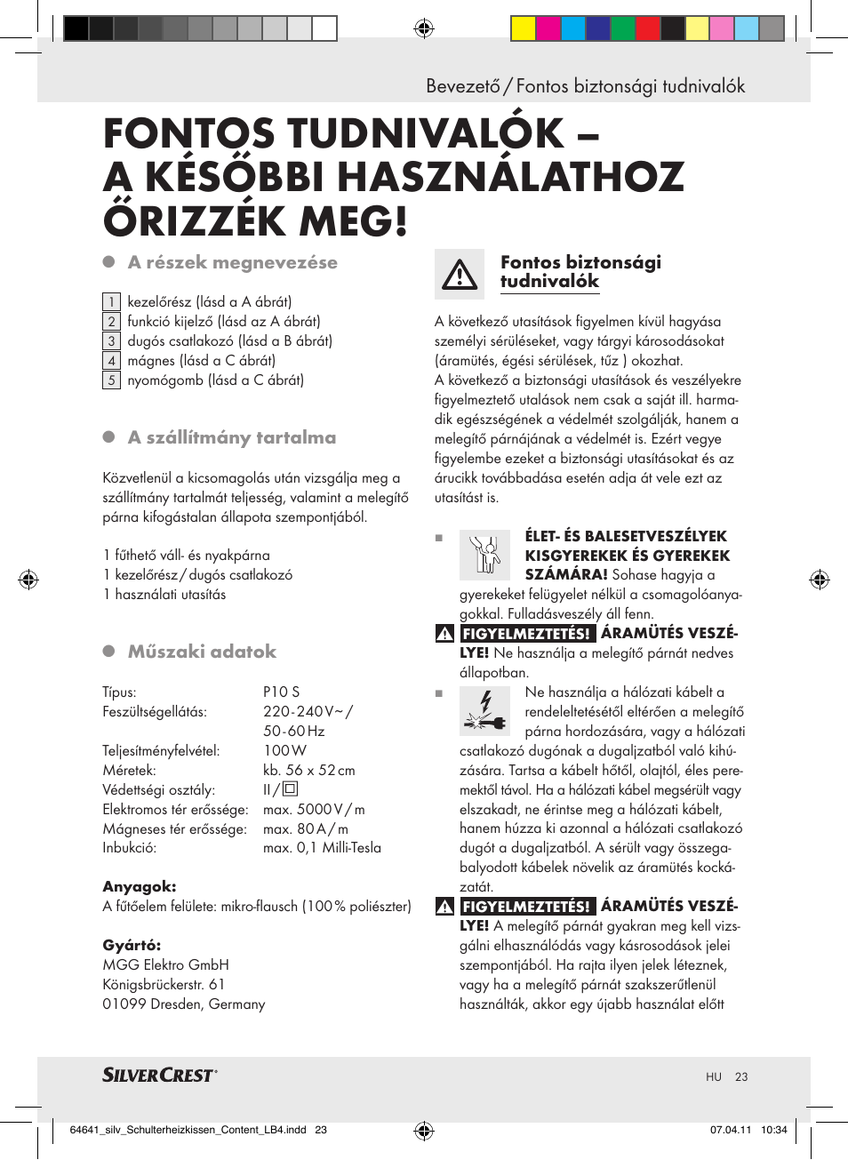 Bevezető / fontos biztonsági tudnivalók | Silvercrest Neck & Shoulder Heating Pad User Manual | Page 19 / 56