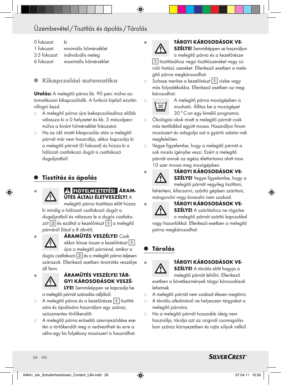 Üzembevétel / tisztítás és ápolás / tárolás, Kikapcsolási automatika, Tisztítás és ápolás | Tárolás | Silvercrest Neck & Shoulder Heating Pad User Manual | Page 22 / 56