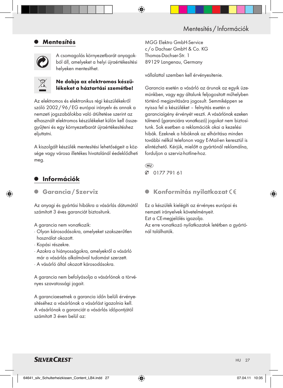 Mentesítés / információk, Mentesítés, Információk | Garancia / szerviz, Konformitás nyilatkozat | Silvercrest Neck & Shoulder Heating Pad User Manual | Page 23 / 56