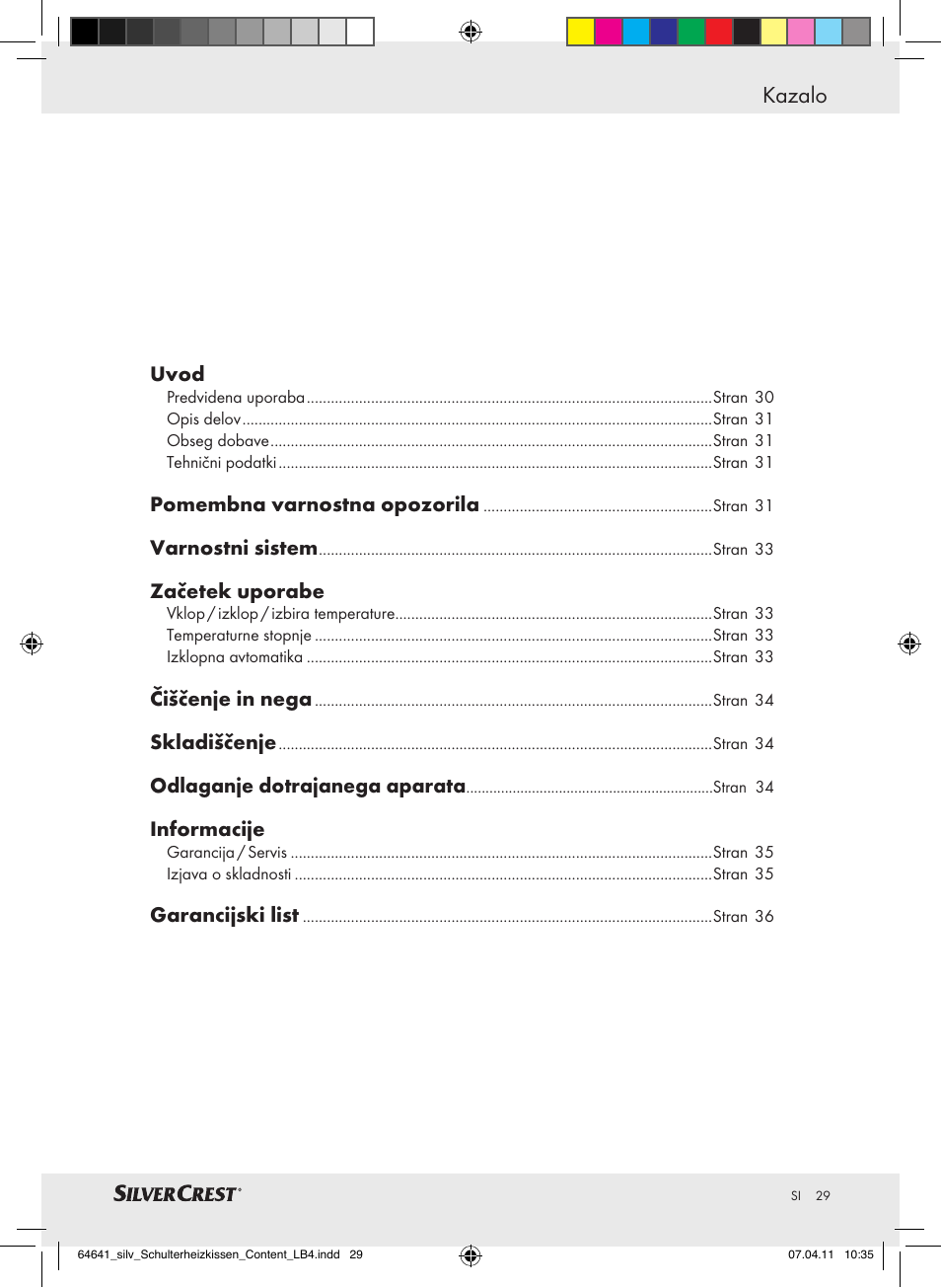 Kazalo | Silvercrest Neck & Shoulder Heating Pad User Manual | Page 25 / 56