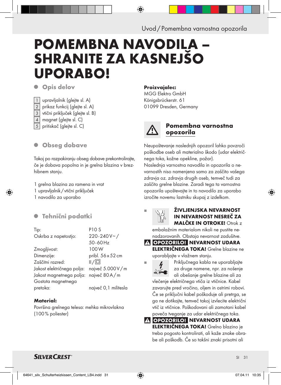 Pomembna navodila – shranite za kasnejšo uporabo, Uvod / pomembna varnostna opozorila | Silvercrest Neck & Shoulder Heating Pad User Manual | Page 27 / 56