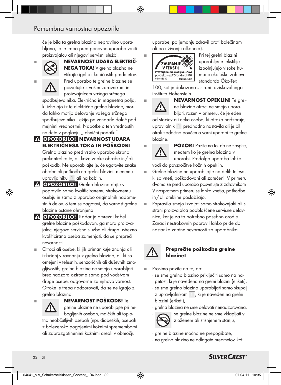 Pomembna varnostna opozorila | Silvercrest Neck & Shoulder Heating Pad User Manual | Page 28 / 56