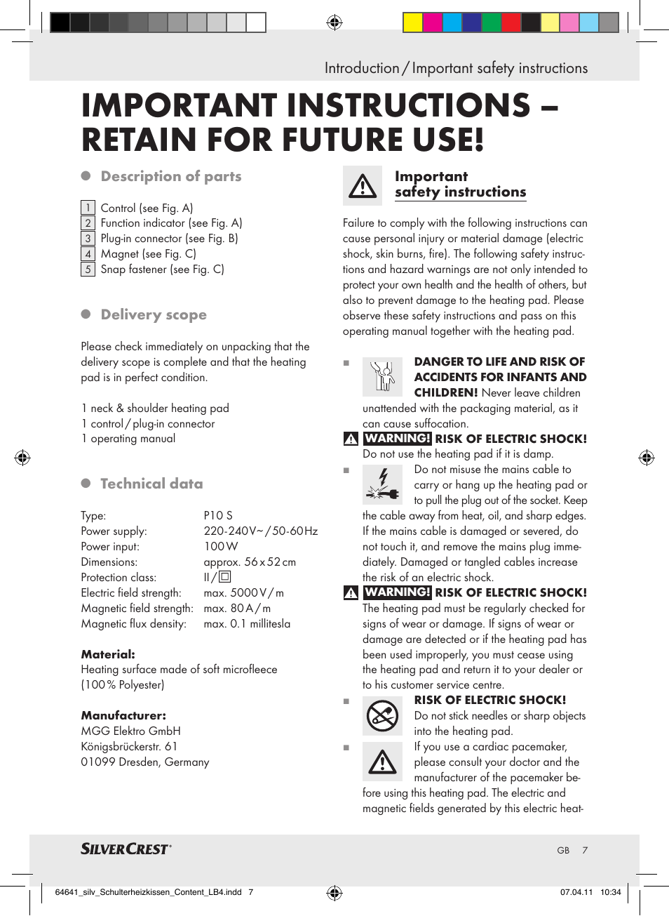 Important instructions – retain for future use, Introduction / important safety instructions | Silvercrest Neck & Shoulder Heating Pad User Manual | Page 3 / 56