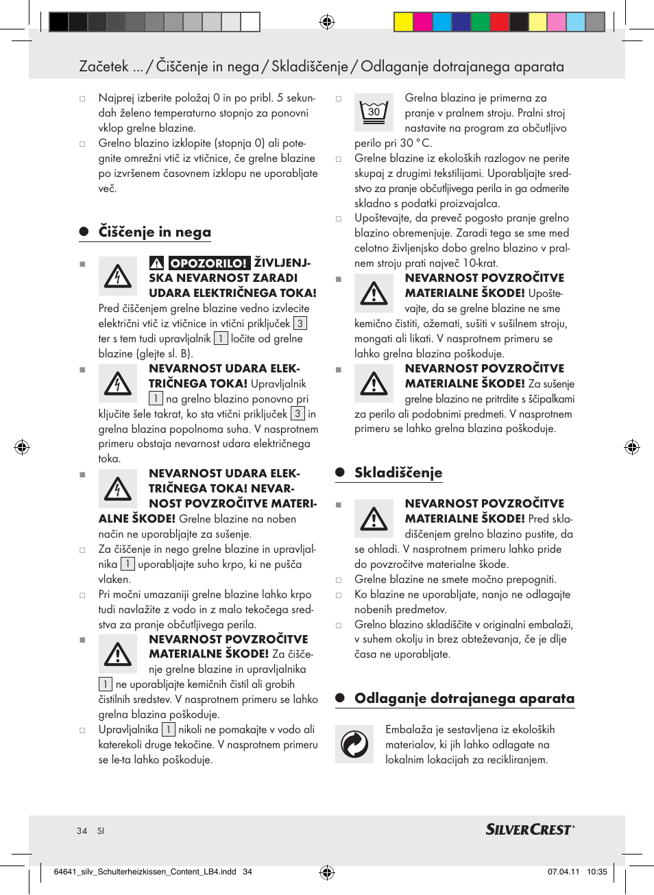 Čiščenje in nega, Skladiščenje, Odlaganje dotrajanega aparata | Silvercrest Neck & Shoulder Heating Pad User Manual | Page 30 / 56