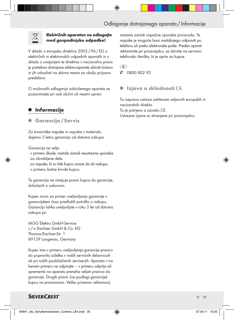 Odlaganje dotrajanega aparata / informacije, Informacije, Garancija / servis | Izjava o skladnosti | Silvercrest Neck & Shoulder Heating Pad User Manual | Page 31 / 56