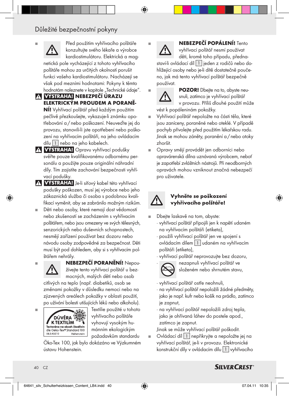 Důležité bezpečnostní pokyny | Silvercrest Neck & Shoulder Heating Pad User Manual | Page 36 / 56