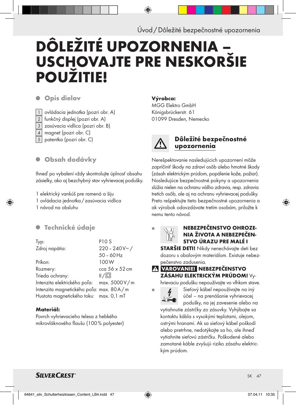 Úvod / dôležité bezpečnostné upozornenia | Silvercrest Neck & Shoulder Heating Pad User Manual | Page 43 / 56