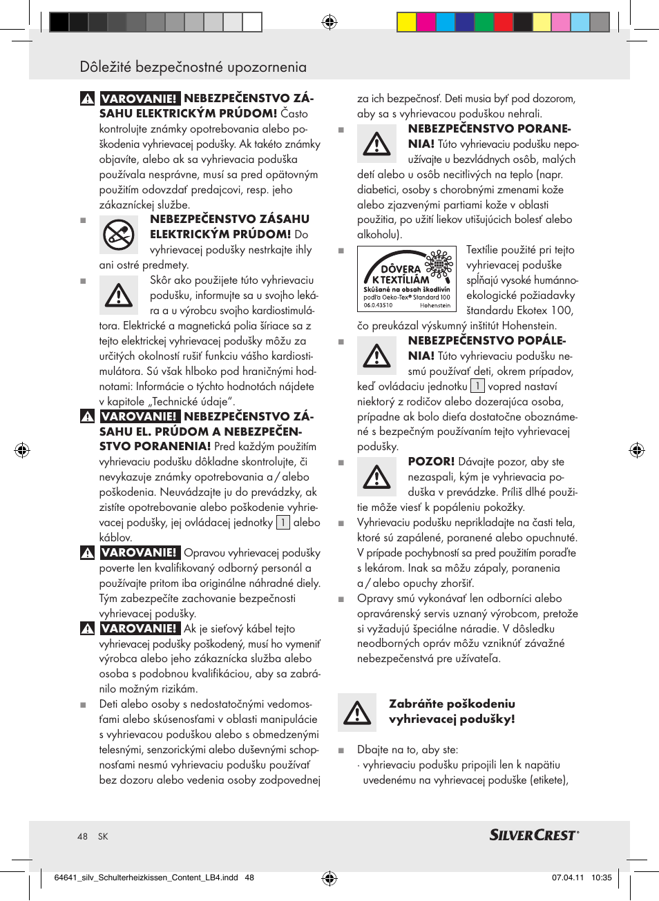 Dôležité bezpečnostné upozornenia | Silvercrest Neck & Shoulder Heating Pad User Manual | Page 44 / 56