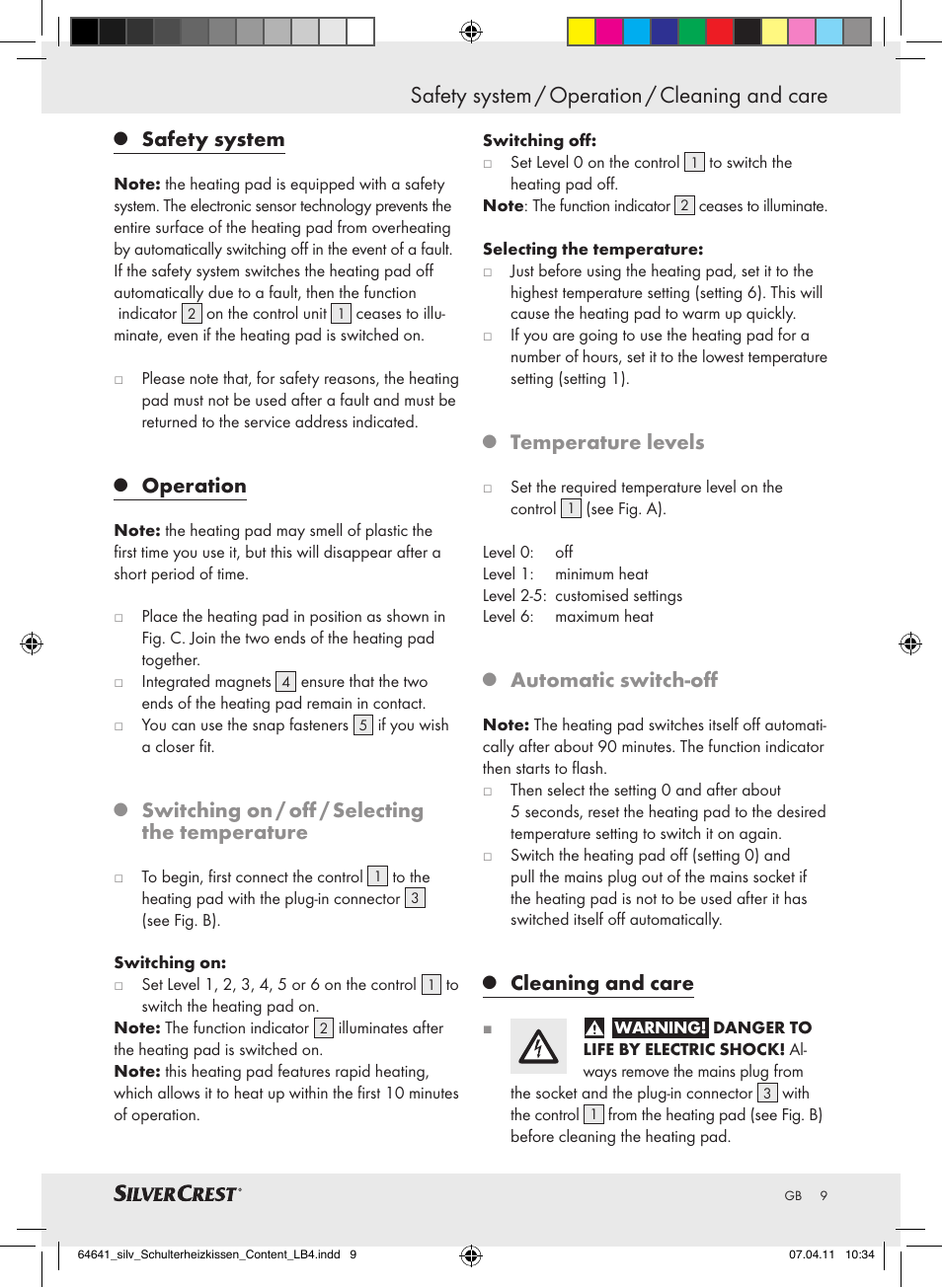 Safety system / operation / cleaning and care, Safety system, Operation | Switching on / off / selecting the temperature, Temperature levels, Automatic switch-off, Cleaning and care | Silvercrest Neck & Shoulder Heating Pad User Manual | Page 5 / 56