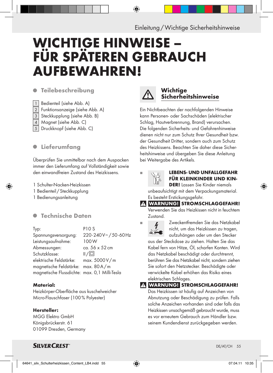 Einleitung / wichtige sicherheitshinweise | Silvercrest Neck & Shoulder Heating Pad User Manual | Page 51 / 56