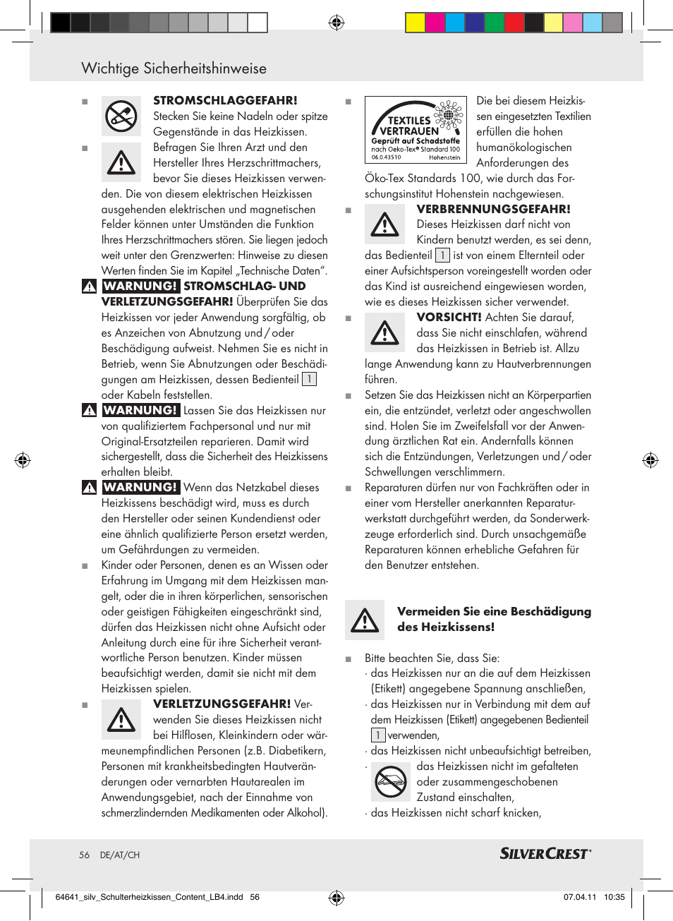 Wichtige sicherheitshinweise | Silvercrest Neck & Shoulder Heating Pad User Manual | Page 52 / 56