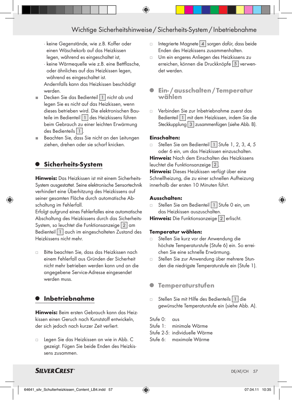 Sicherheits-system, Inbetriebnahme, Ein- / ausschalten / temperatur wählen | Temperaturstufen | Silvercrest Neck & Shoulder Heating Pad User Manual | Page 53 / 56