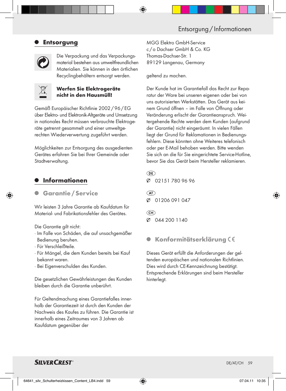 Entsorgung / informationen, Entsorgung, Informationen | Garantie / service, Konformitätserklärung | Silvercrest Neck & Shoulder Heating Pad User Manual | Page 55 / 56