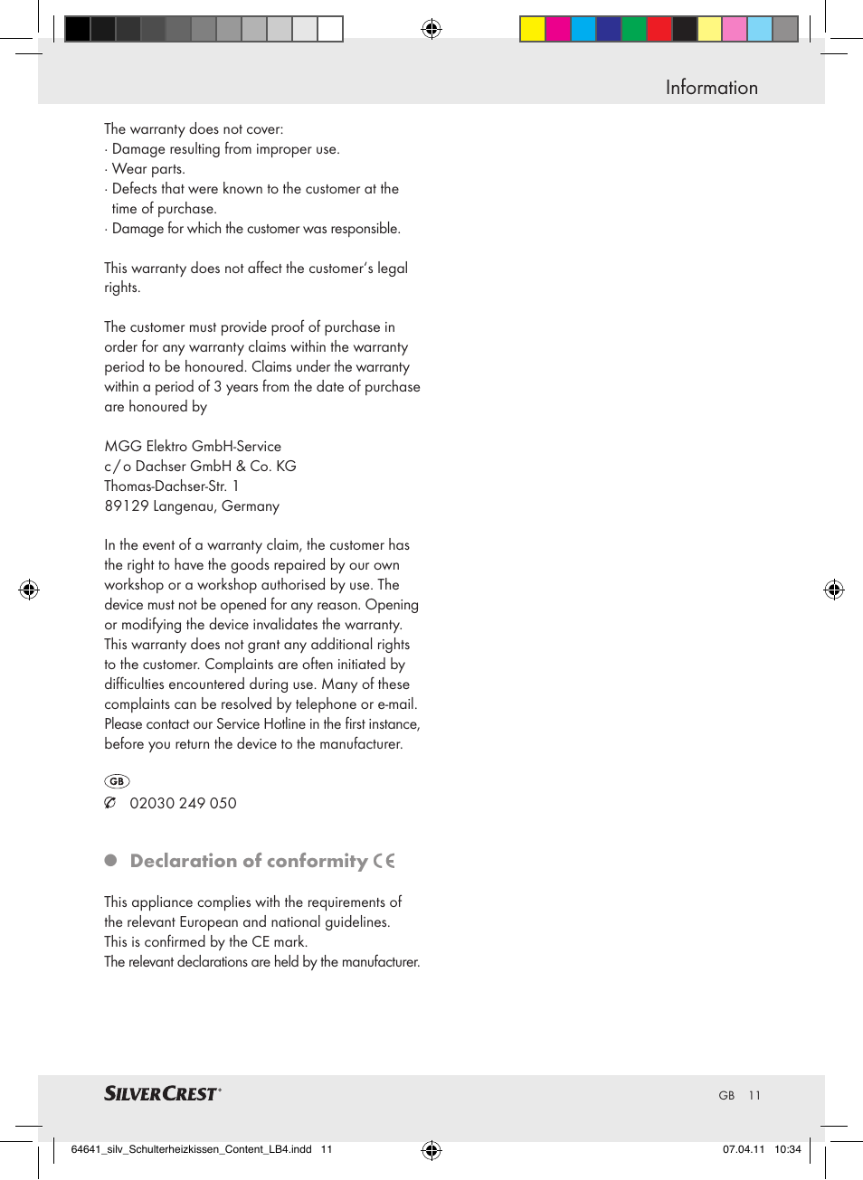 Information, Declaration of conformity | Silvercrest Neck & Shoulder Heating Pad User Manual | Page 7 / 56