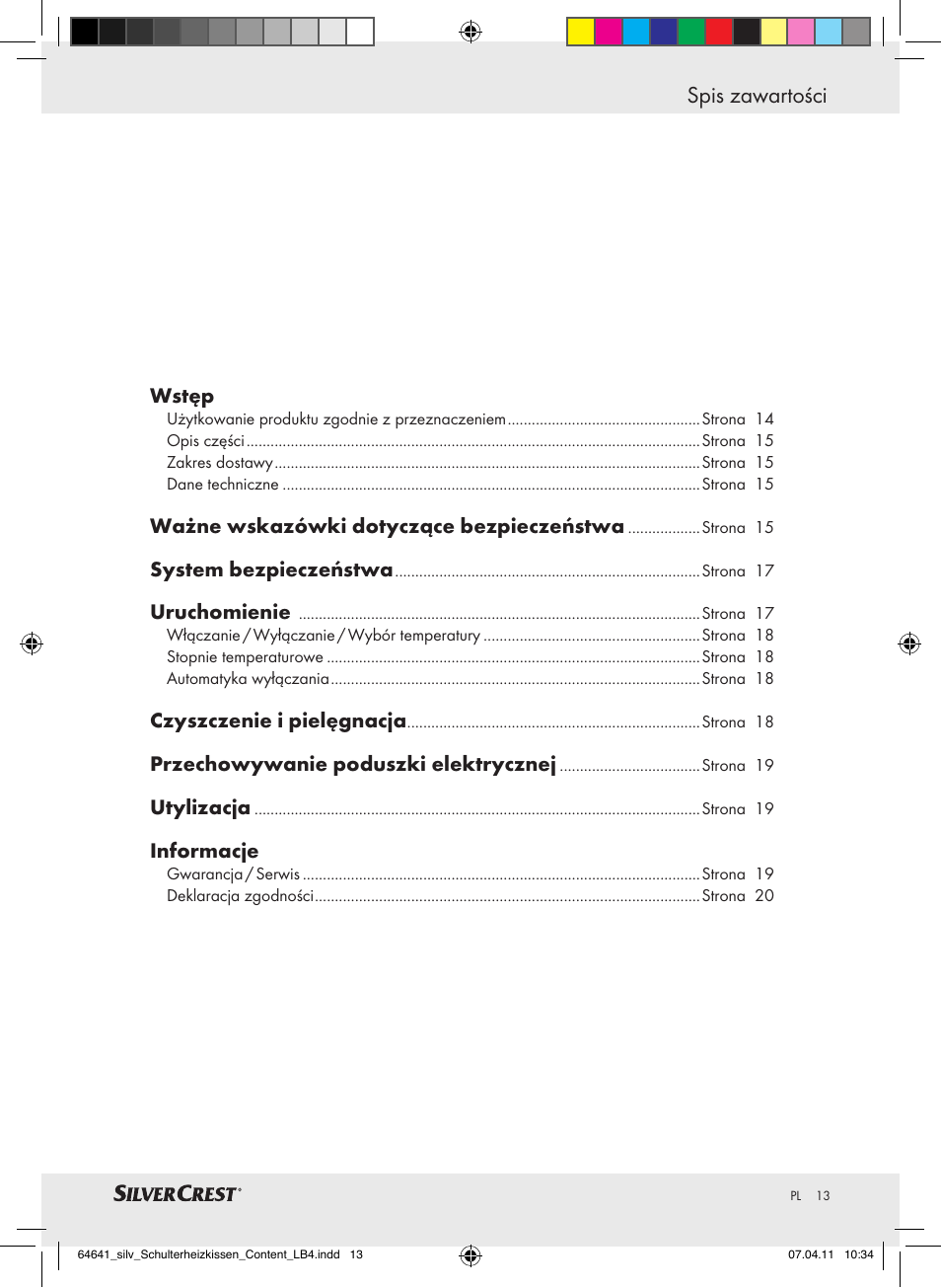 Spis zawartości | Silvercrest Neck & Shoulder Heating Pad User Manual | Page 9 / 56