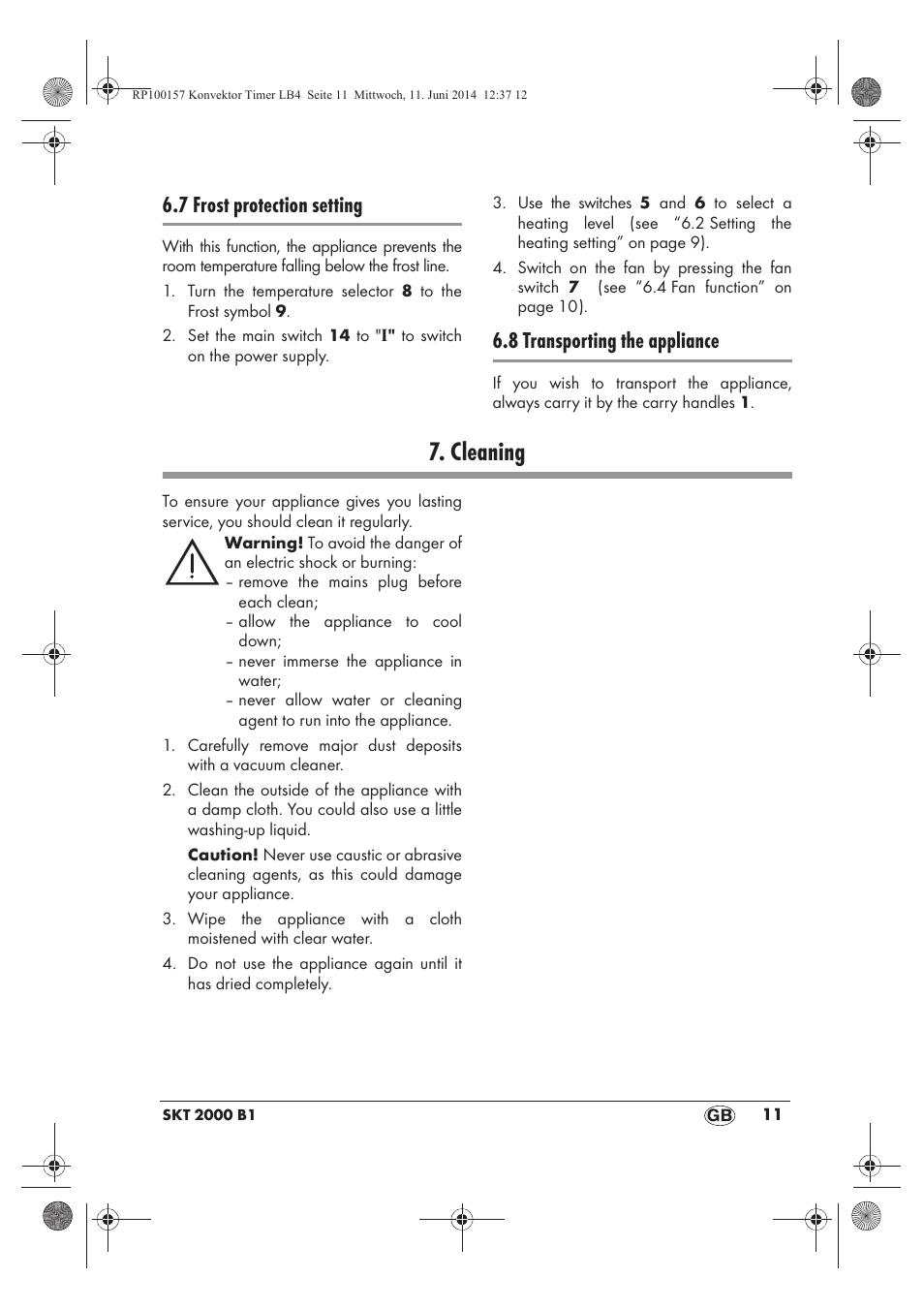 Cleaning, 7 frost protection setting, 8 transporting the appliance | Silvercrest SKT 2000 B1 User Manual | Page 13 / 90