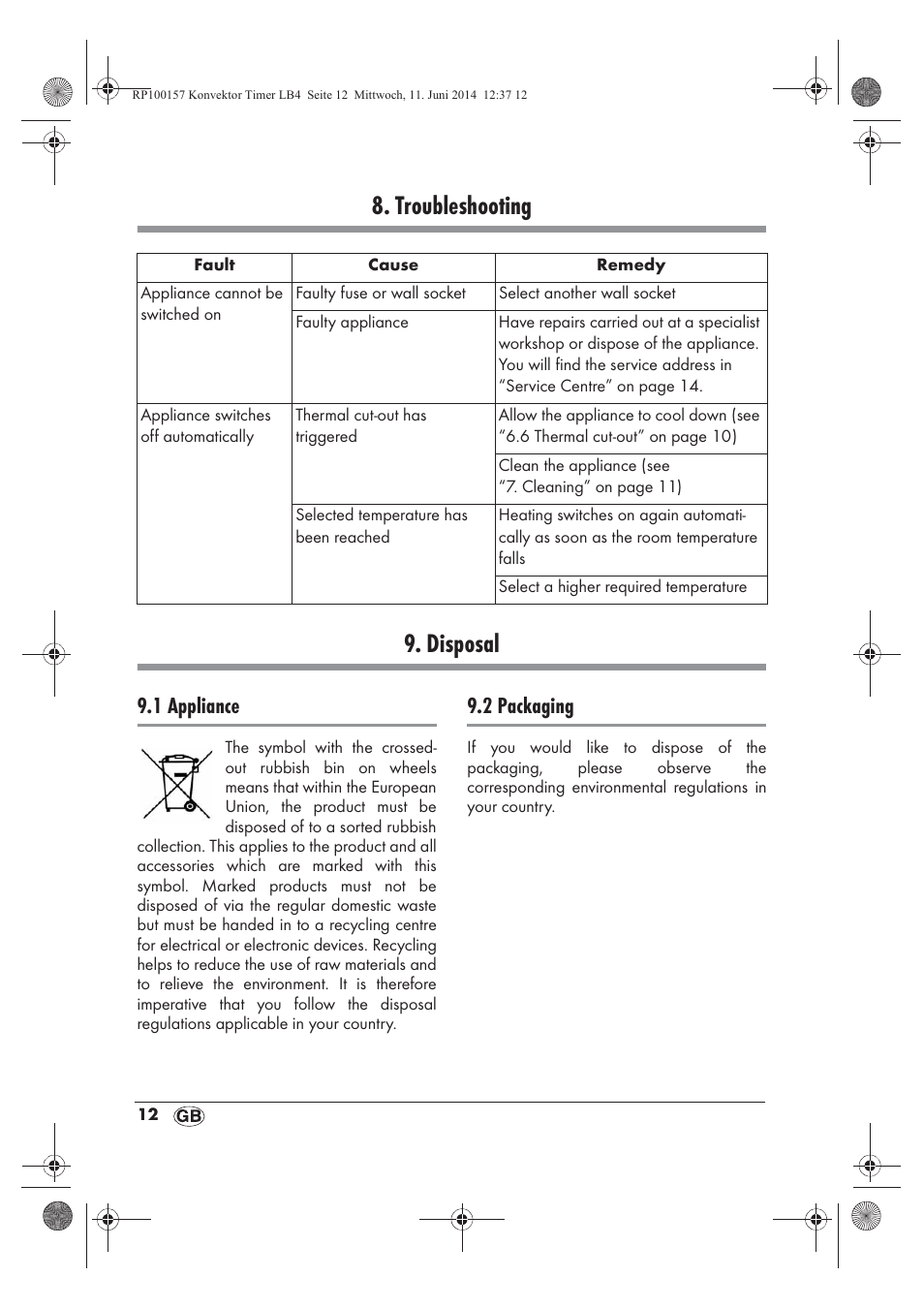 Troubleshooting 9. disposal, 1 appliance, 2 packaging | Silvercrest SKT 2000 B1 User Manual | Page 14 / 90