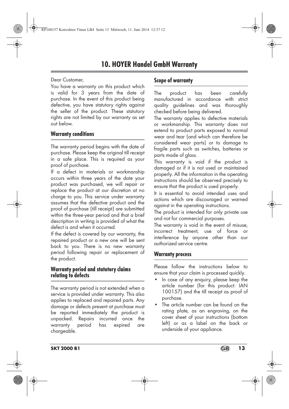 Hoyer handel gmbh warranty | Silvercrest SKT 2000 B1 User Manual | Page 15 / 90