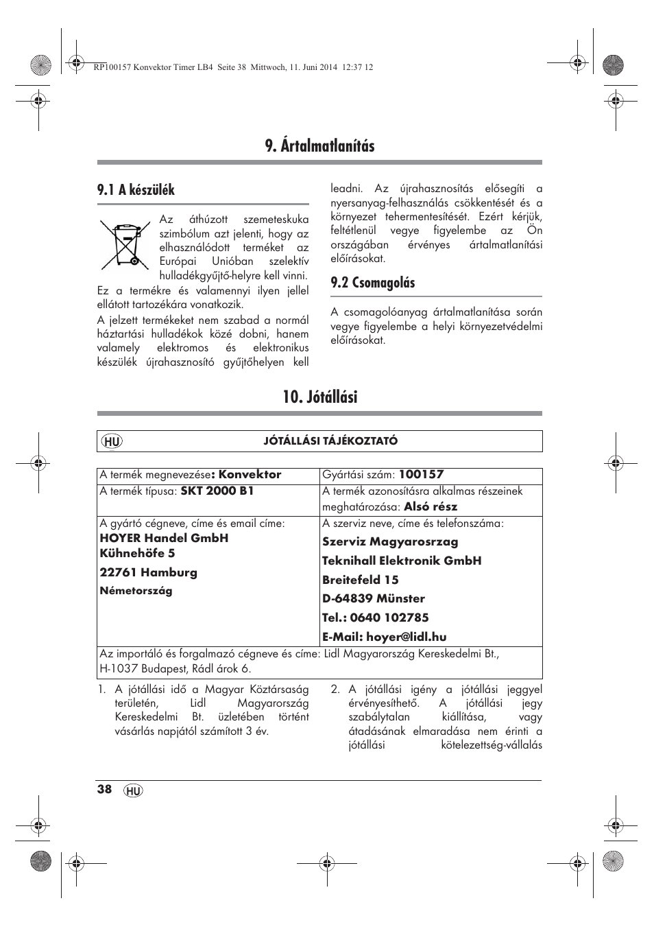 Ártalmatlanítás, Jótállási, 1 a készülék | 2 csomagolás | Silvercrest SKT 2000 B1 User Manual | Page 40 / 90