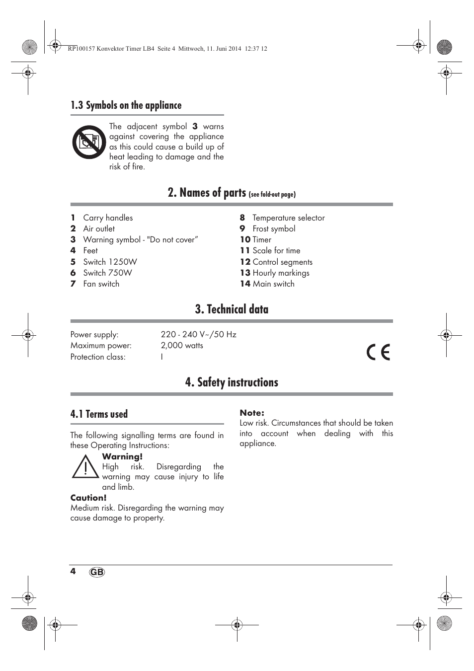 Names of parts, Technical data, Safety instructions | 3 symbols on the appliance, 1 terms used | Silvercrest SKT 2000 B1 User Manual | Page 6 / 90