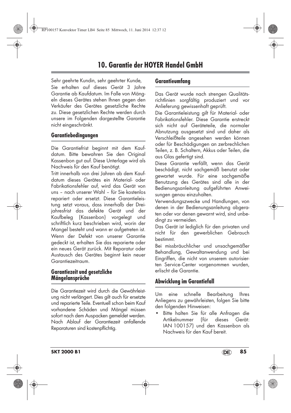 Garantie der hoyer handel gmbh | Silvercrest SKT 2000 B1 User Manual | Page 87 / 90