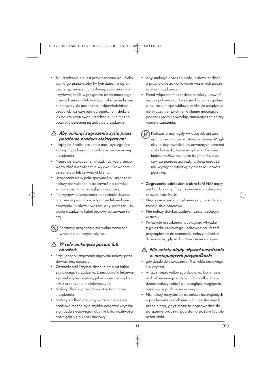 W celu uniknięcia pożaru lub obrażeń | Silvercrest SFE 450 B1 User Manual | Page 13 / 50