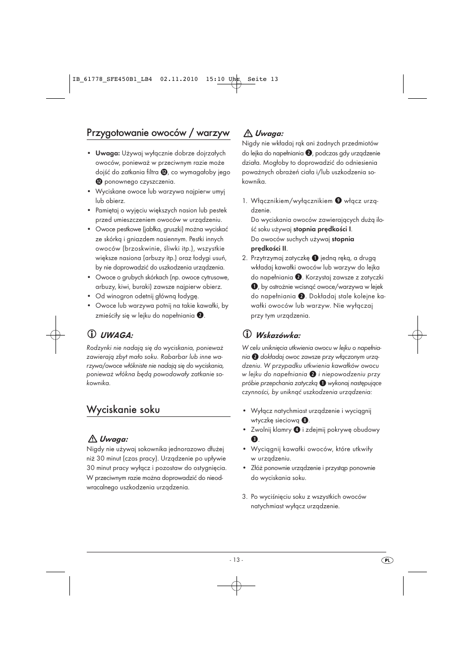 Przygotowanie owoców / warzyw, Wyciskanie soku, Uwaga | Wskazówka | Silvercrest SFE 450 B1 User Manual | Page 15 / 50
