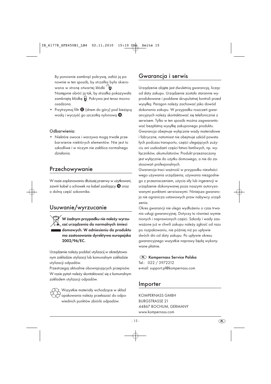 Przechowywanie, Usuwanie/wyrzucanie, Gwarancja i serwis | Importer | Silvercrest SFE 450 B1 User Manual | Page 17 / 50