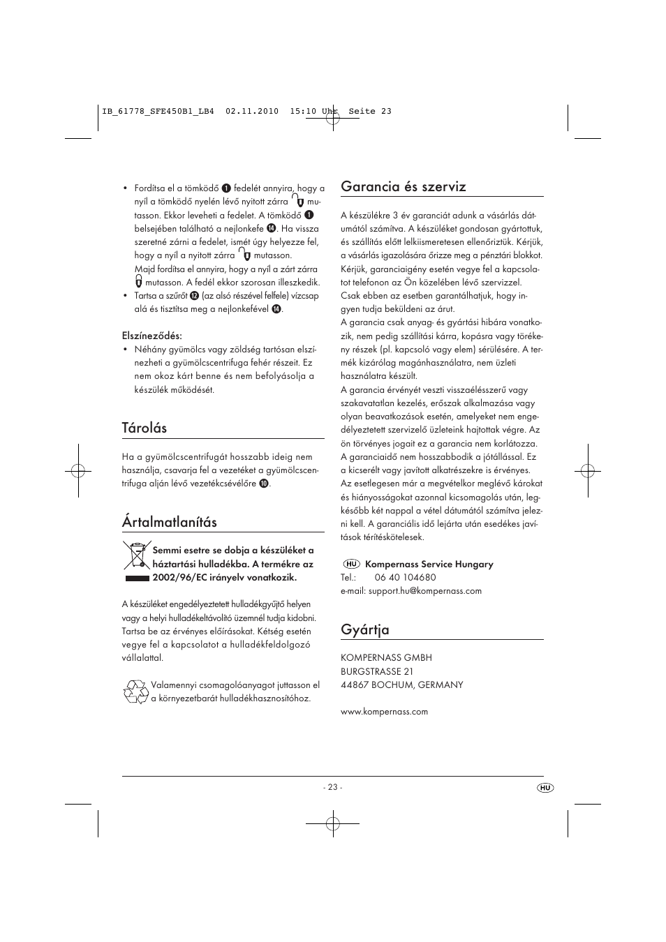 Tárolás, Ártalmatlanítás, Garancia és szerviz | Gyártja | Silvercrest SFE 450 B1 User Manual | Page 25 / 50