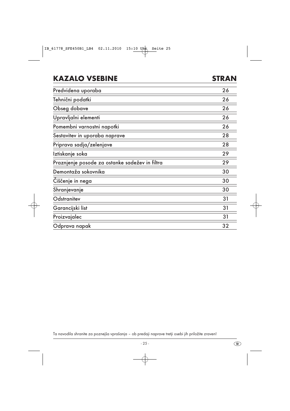 Kazalo vsebine stran | Silvercrest SFE 450 B1 User Manual | Page 27 / 50