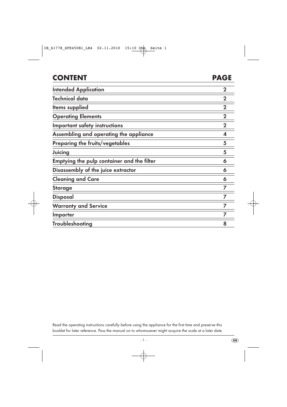 Content page | Silvercrest SFE 450 B1 User Manual | Page 3 / 50