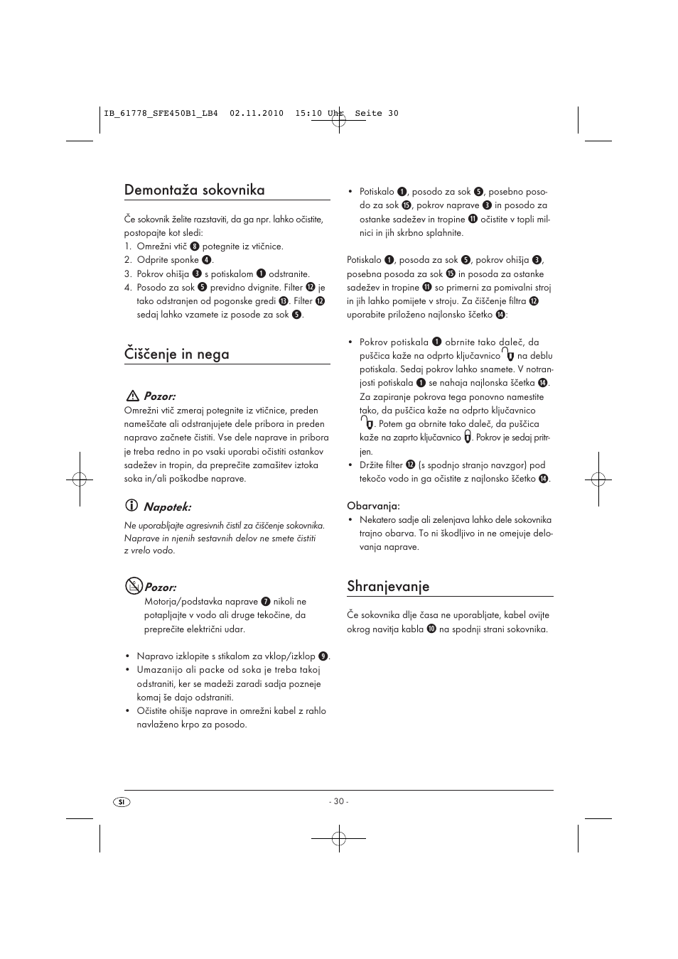 Demontaža sokovnika, Čiščenje in nega, Shranjevanje | Silvercrest SFE 450 B1 User Manual | Page 32 / 50