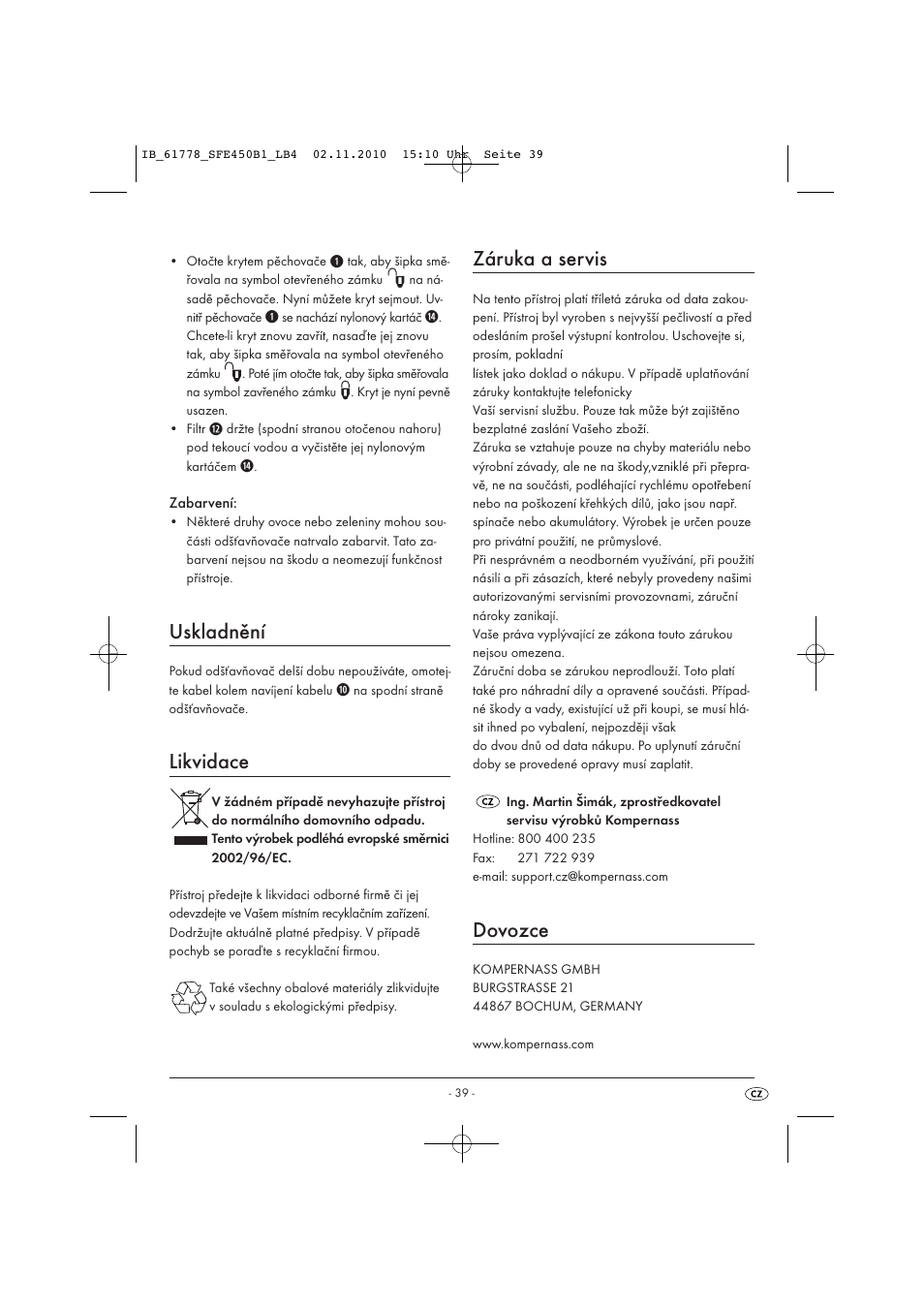 Uskladnění, Likvidace, Záruka a servis | Dovozce | Silvercrest SFE 450 B1 User Manual | Page 41 / 50