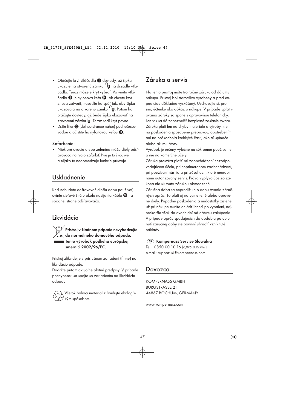 Uskladnenie, Likvidácia, Záruka a servis | Dovozca | Silvercrest SFE 450 B1 User Manual | Page 49 / 50