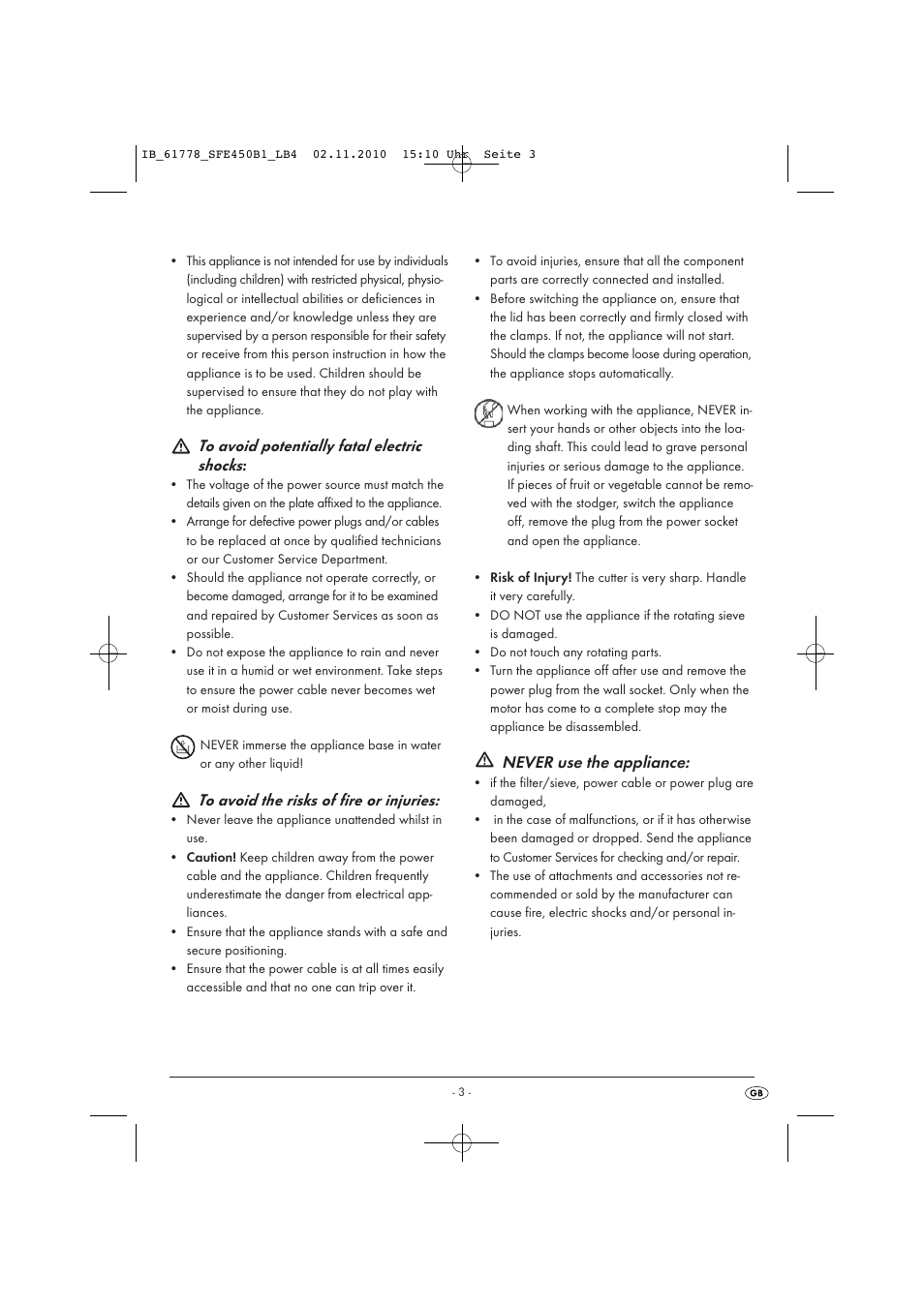 Never use the appliance | Silvercrest SFE 450 B1 User Manual | Page 5 / 50