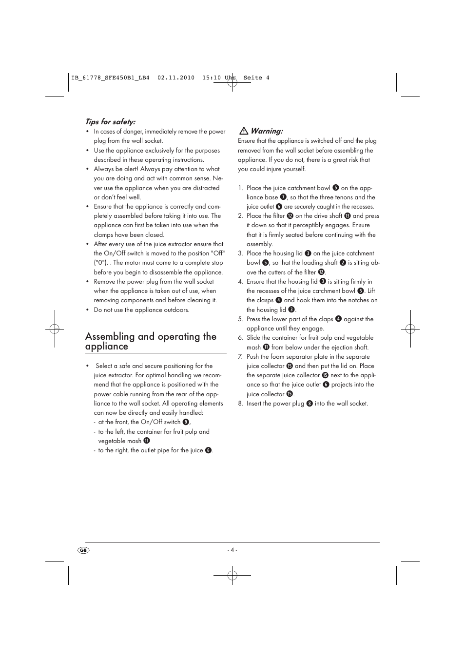 Assembling and operating the appliance | Silvercrest SFE 450 B1 User Manual | Page 6 / 50