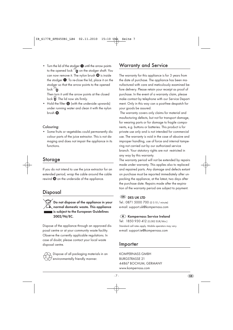 Storage, Disposal, Warranty and service | Importer | Silvercrest SFE 450 B1 User Manual | Page 9 / 50