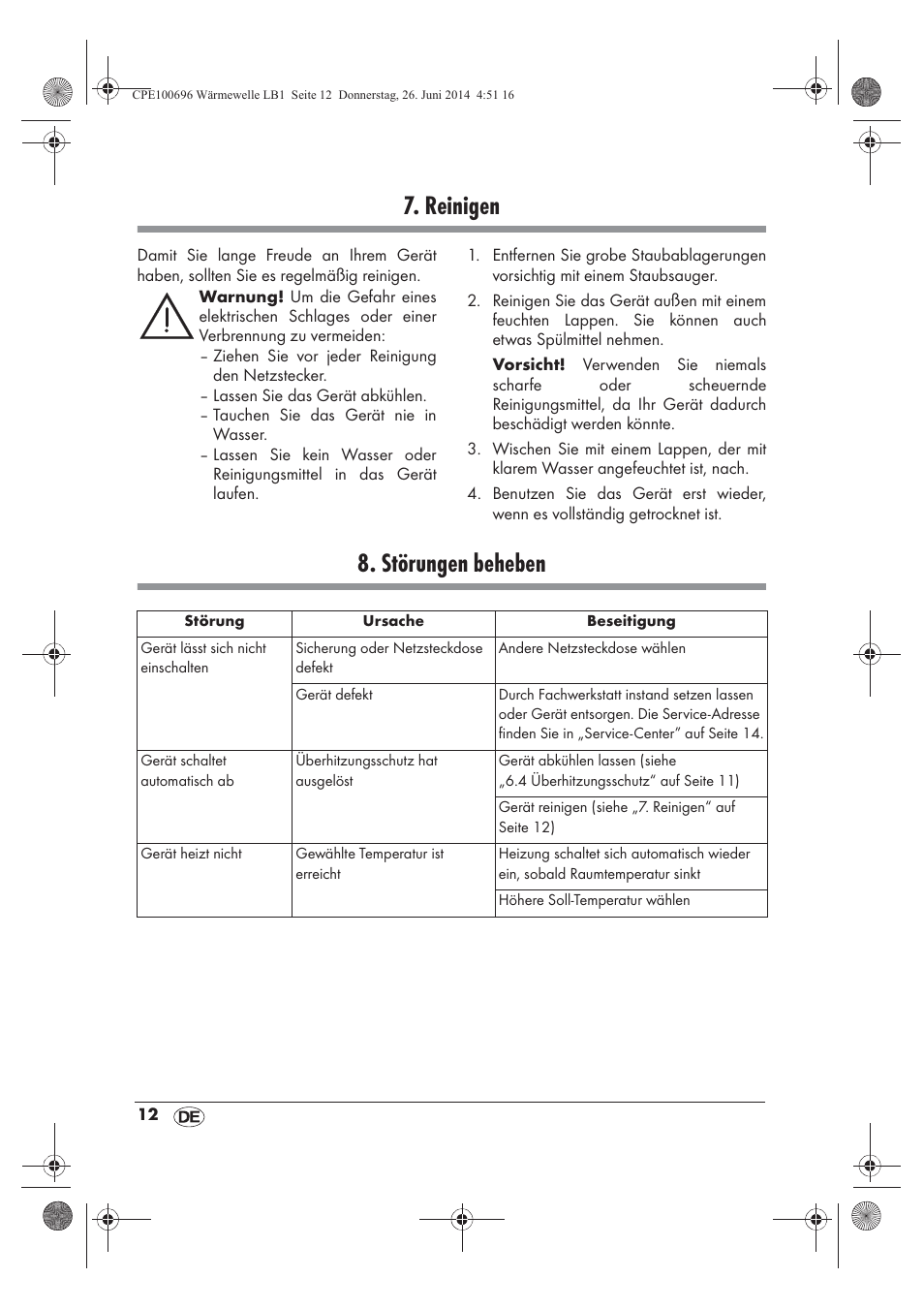 Reinigen, Störungen beheben | Silvercrest SWW 1500 B2 User Manual | Page 14 / 58