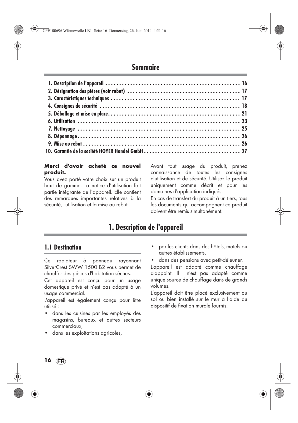 Sommaire, Description de l'appareil, 1 destination | Silvercrest SWW 1500 B2 User Manual | Page 18 / 58