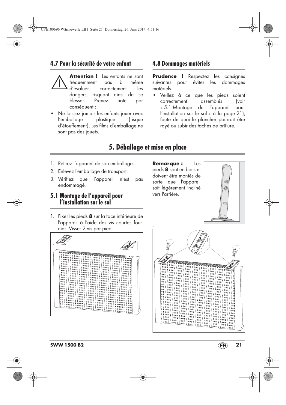 Déballage et mise en place, 7 pour la sécurité de votre enfant, 8 dommages matériels | Silvercrest SWW 1500 B2 User Manual | Page 23 / 58