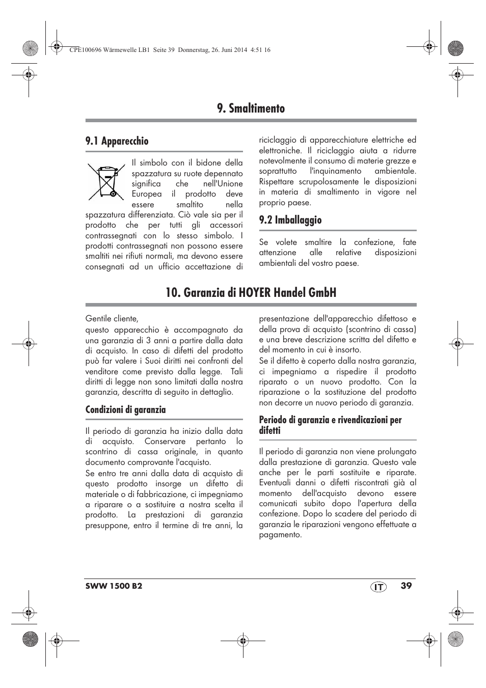 Smaltimento, Garanzia di hoyer handel gmbh | Silvercrest SWW 1500 B2 User Manual | Page 41 / 58